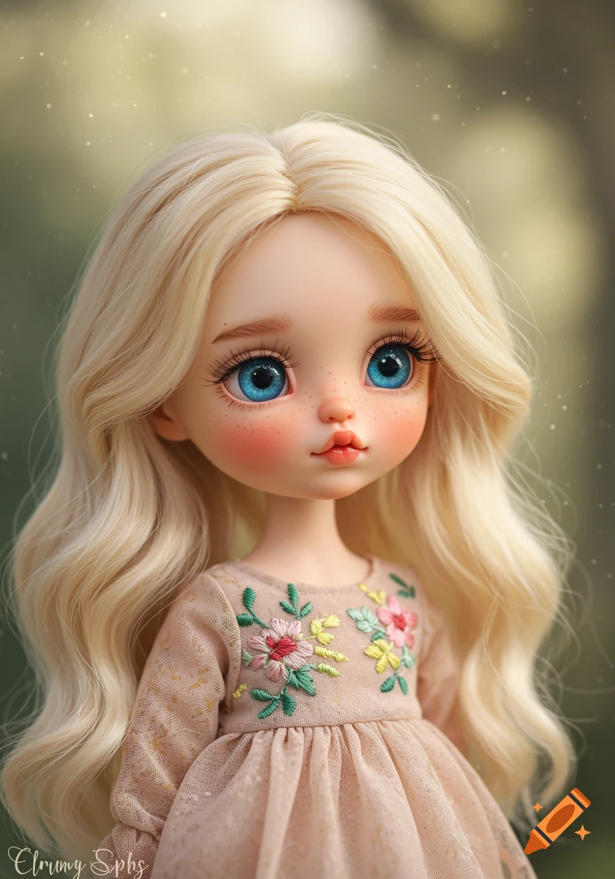 A Cute Blonde Doll With Blue Eyes Wears An Embroidered Dress On Craiyon