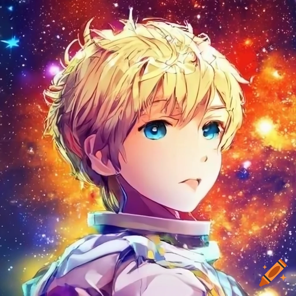 blonde anime boy in outer space