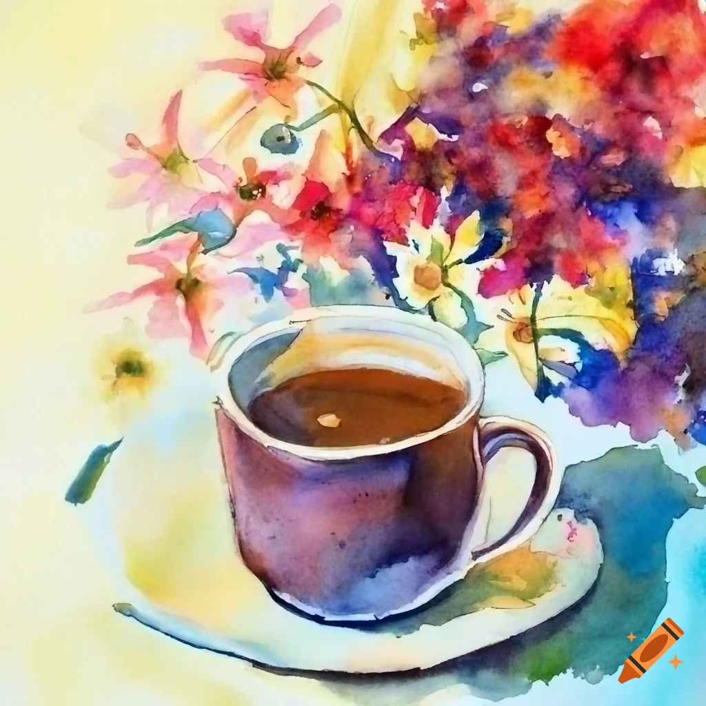 watercolor painting of coffee and flowers