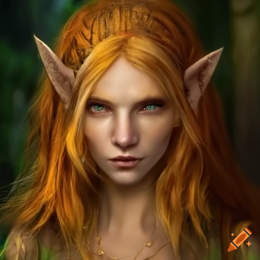 portrait of a young female wood elf with honey colored hair and emerald colored eyes