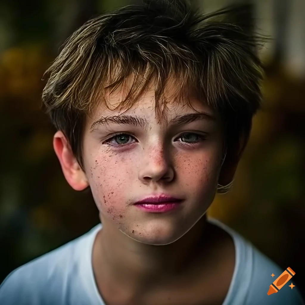 close-up portrait of a boy with freckles and soft features