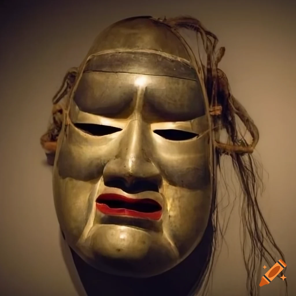noh mask displayed in a dimly lit museum
