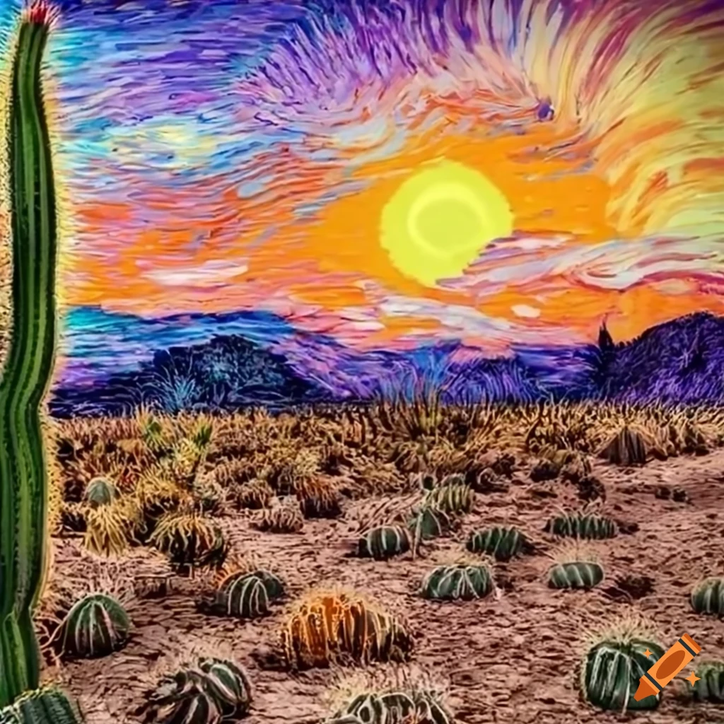 van gogh style cactus in desert at sunset