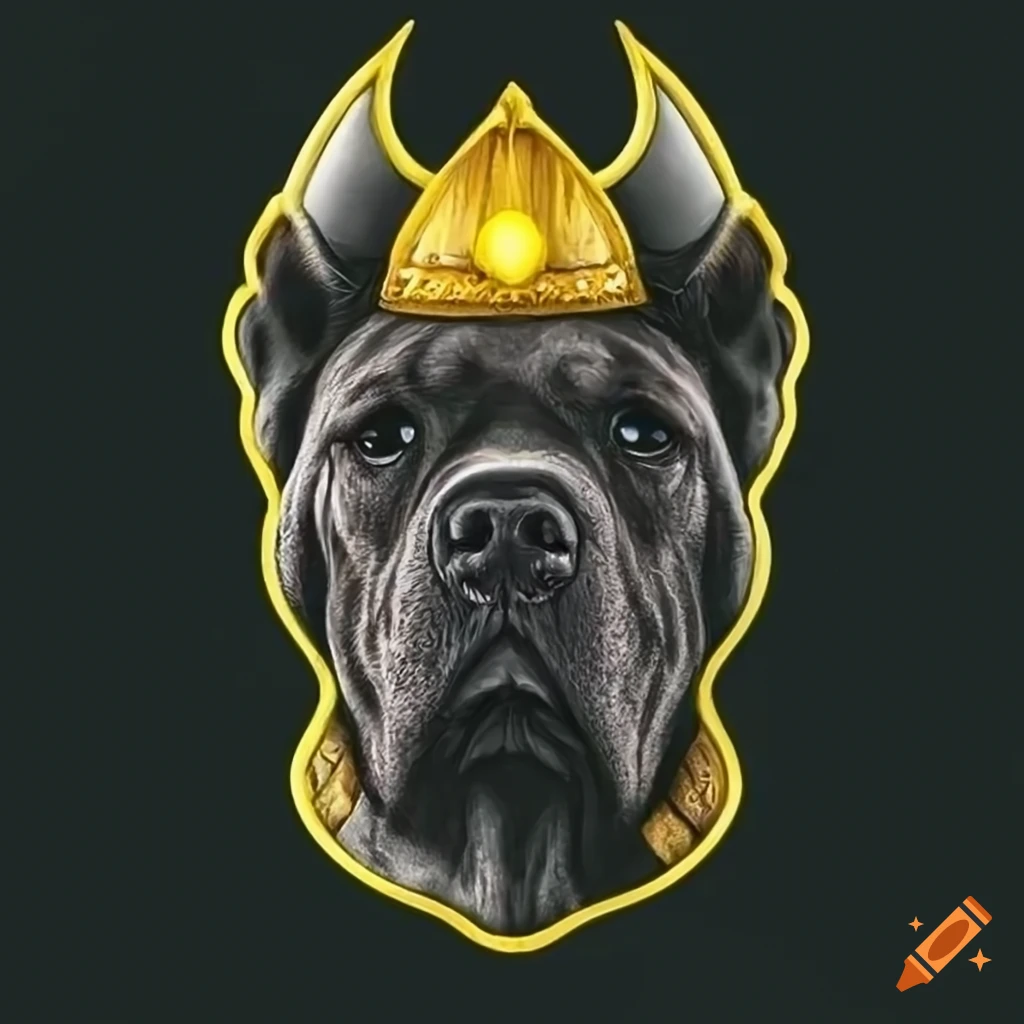 Cane Corso dog wearing a Viking helmet