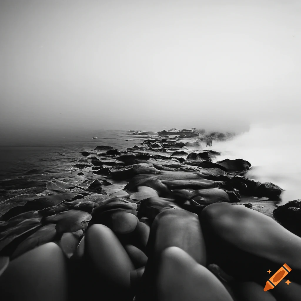 black and white photo of a rocky sea shore with crashing waves