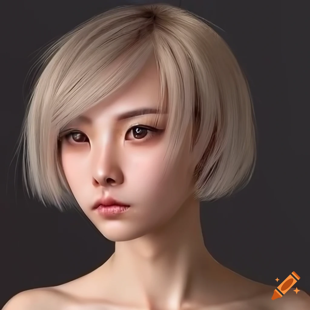 realistic portrait of a Japanese woman with short hair