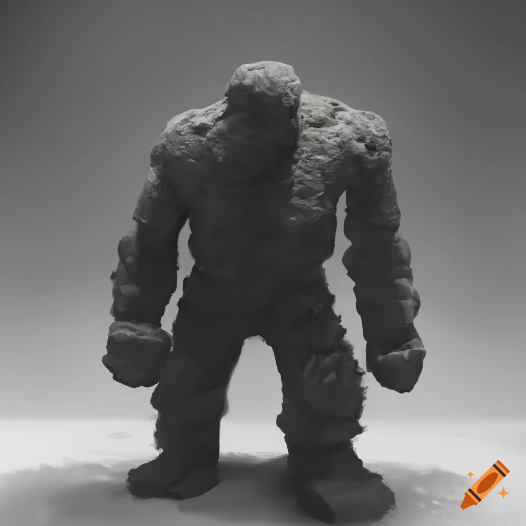 black and white concept art of an angry golem