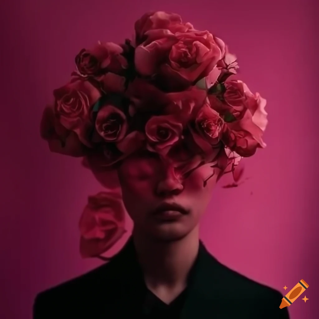 hyperrealistic portrait of a Japanese man surrounded by roses
