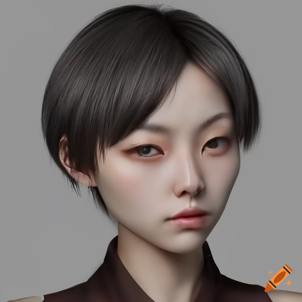 realistic portrait of a young Japanese woman with short hair