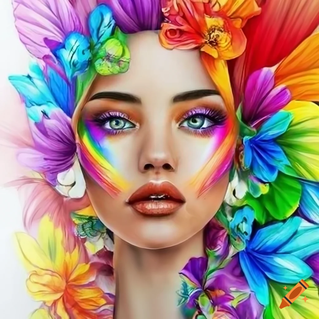 realistic pencil art of a proud bohemian woman with LGBTQ rainbow floral design