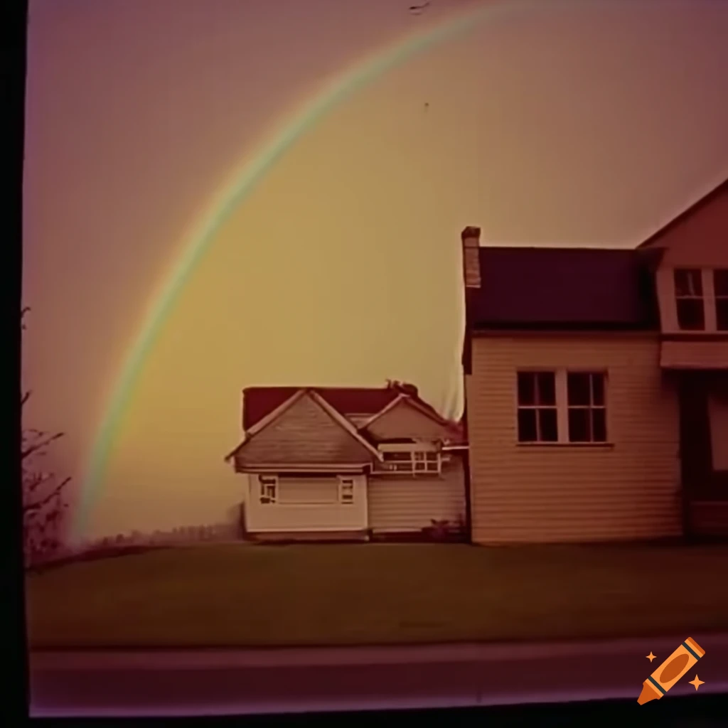 beige house with rainbow in a nostalgic setting