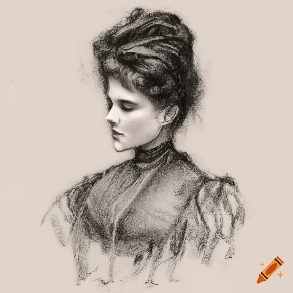 charcoal drawing of a beautiful woman from the 1890s