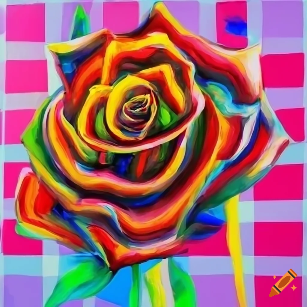 pop art drawing of a rose on a checkered background