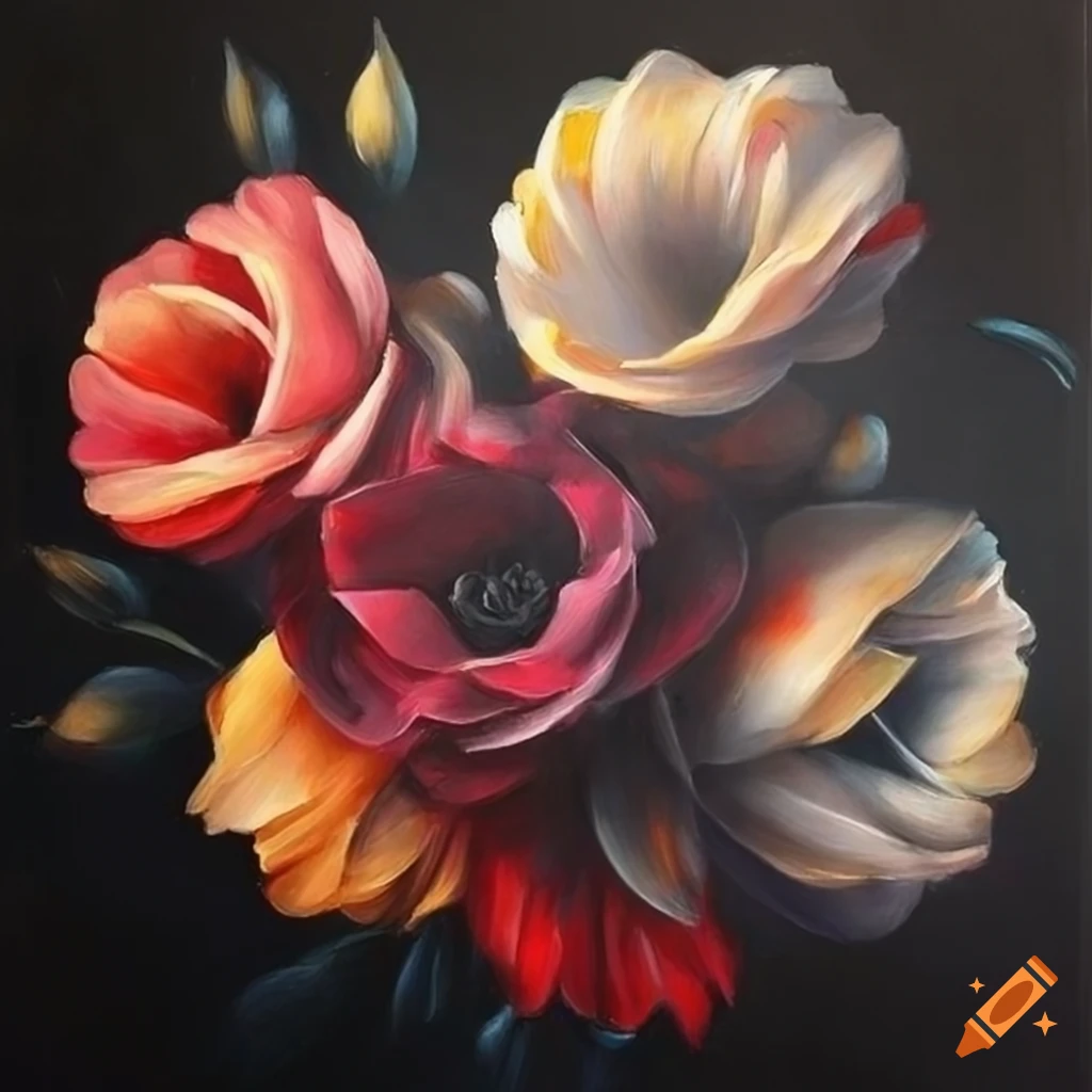 realistic oil painting of dark modern flowers