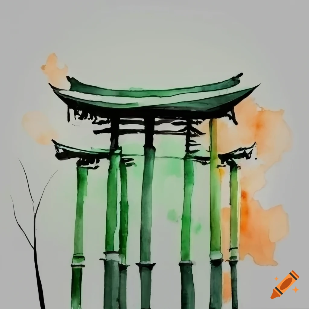 Japanese watercolor painting of bamboo and temple