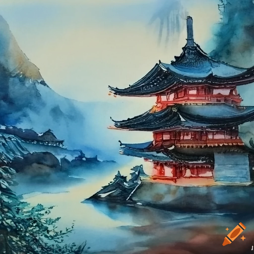 watercolor painting of ancient mountains in Japan