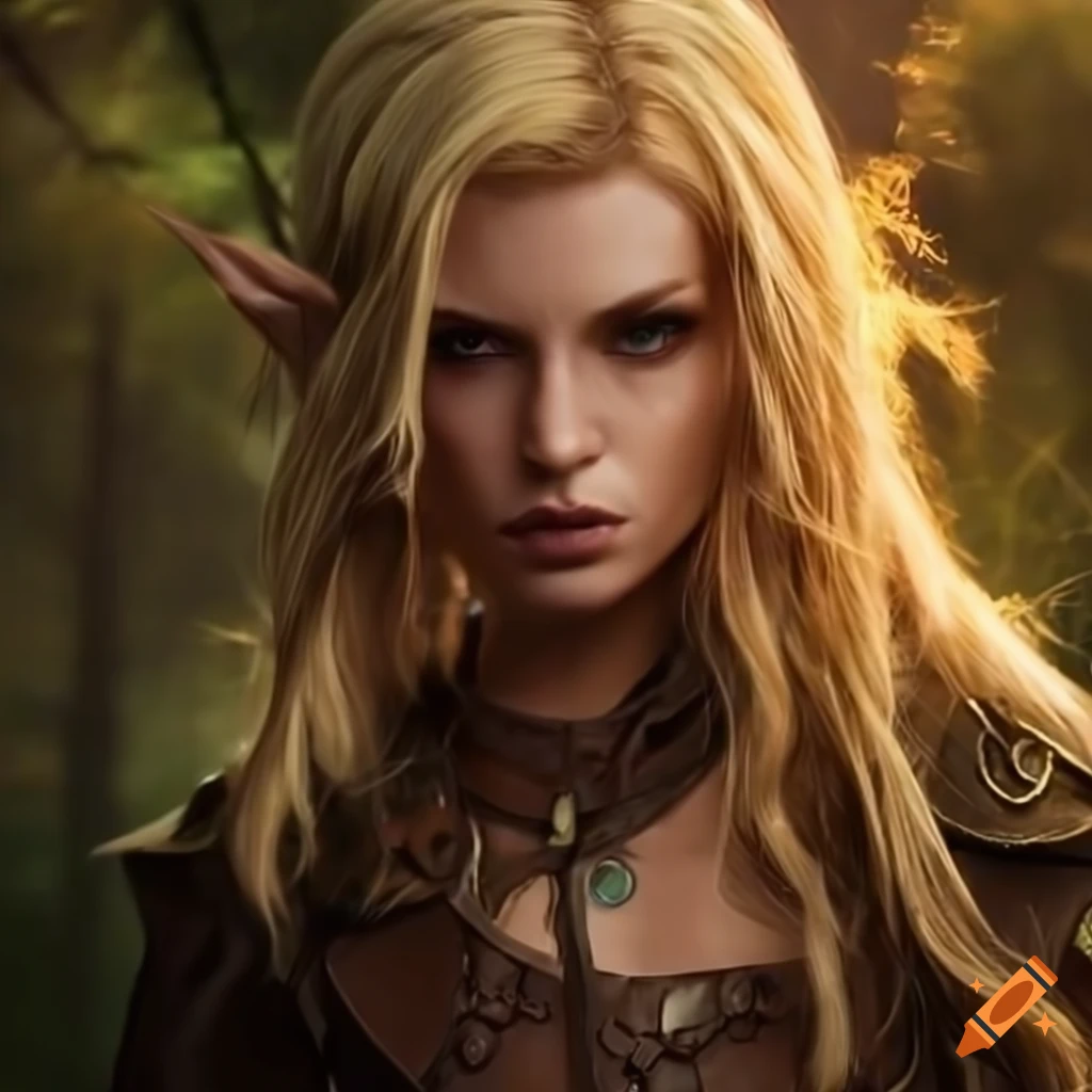 artwork of a blonde elf girl in leather armor