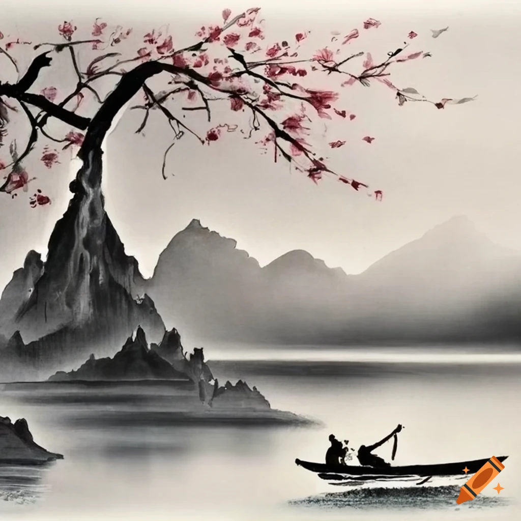 Chinese ink painting of a serene lake and a fishing boat