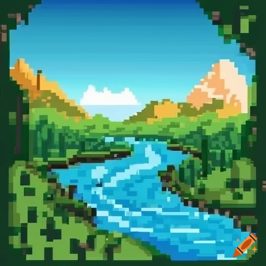 pixel art of a river flowing through green mountains