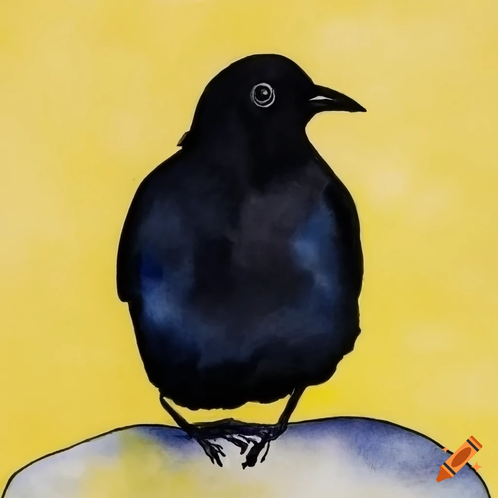 watercolor painting of a black bird on a stone