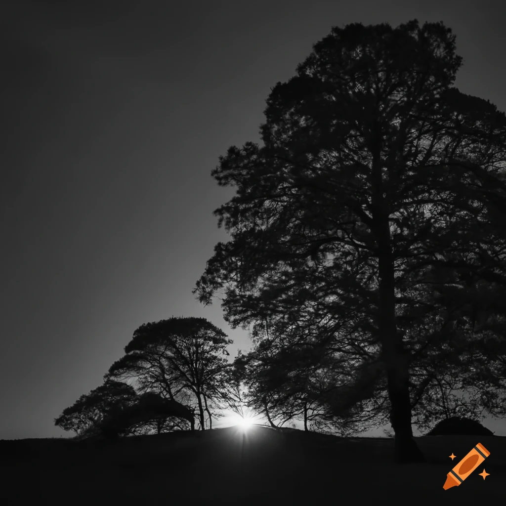 black and white photo of trees at dawn