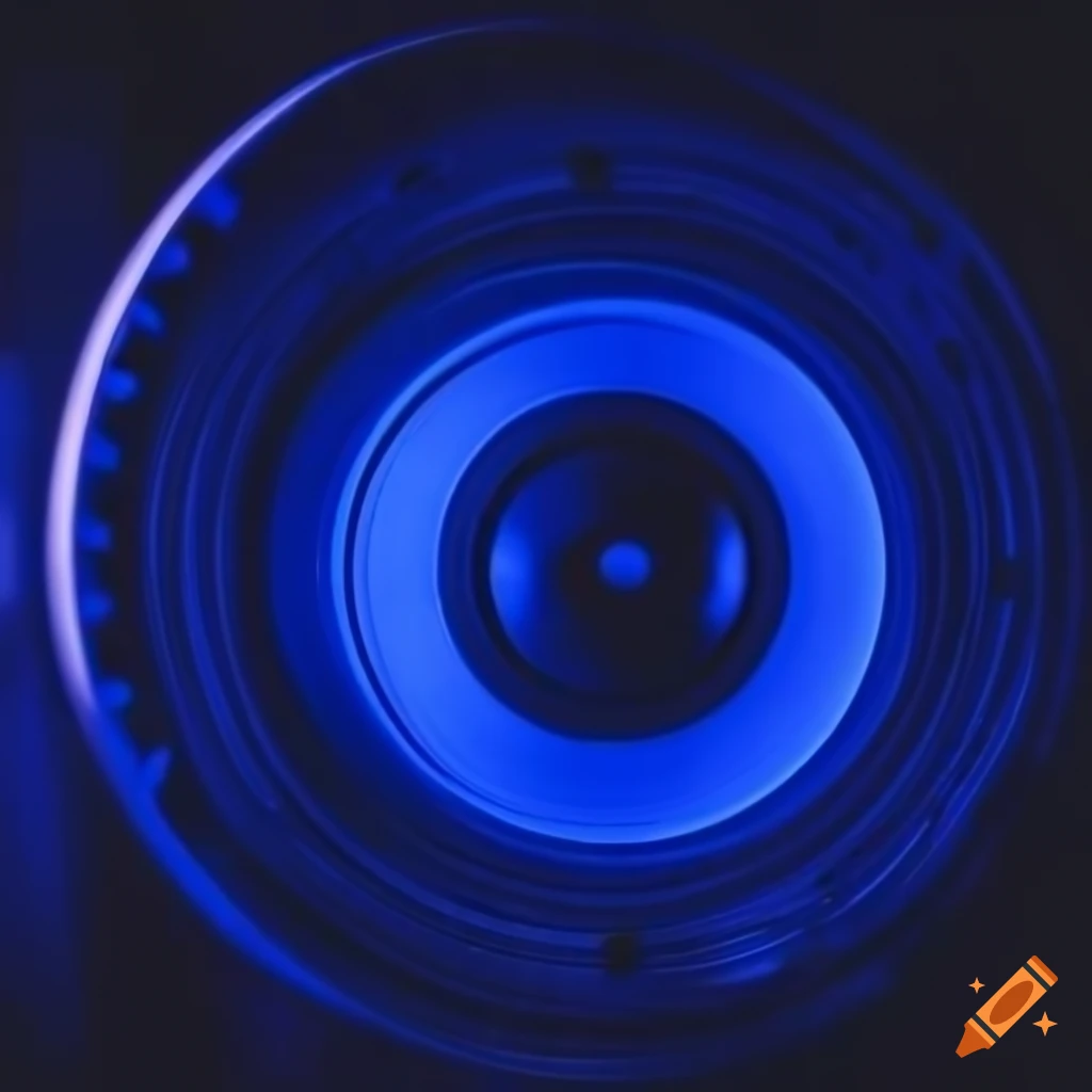 cyberpunk-style futuristic speaker in dark gray and neon blue