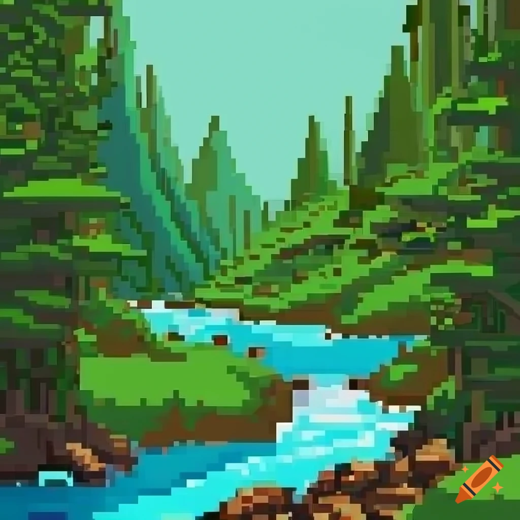 pixel art of a river flowing through green mountains