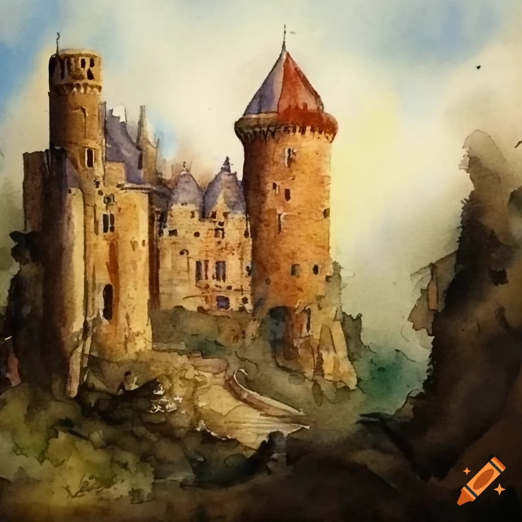 watercolor painting of a medieval castle
