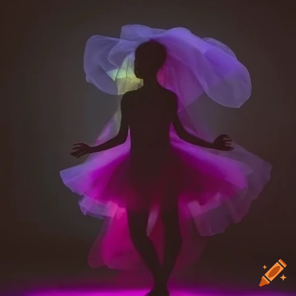 silhouette of a girl dancer twirling under colorful tulle