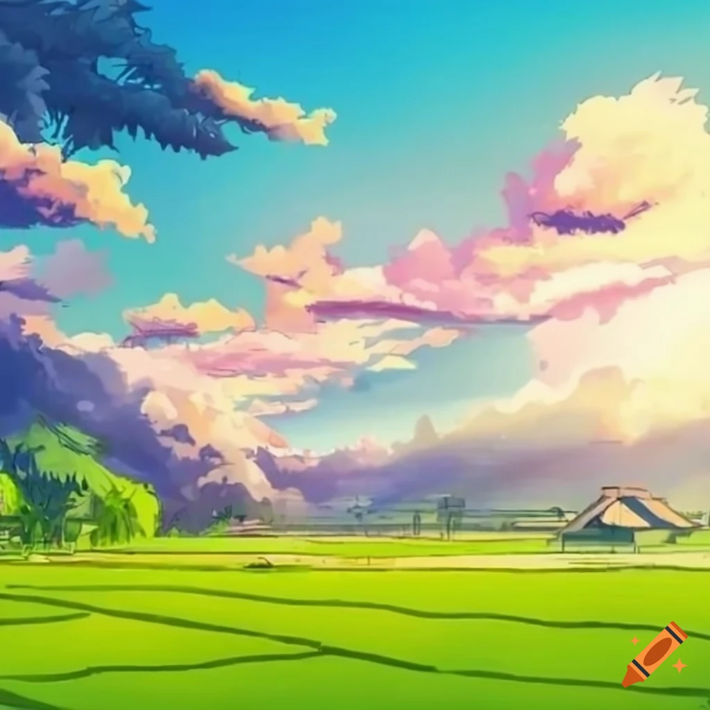 anime-style depiction of a sunny sky over a rice farm in south India