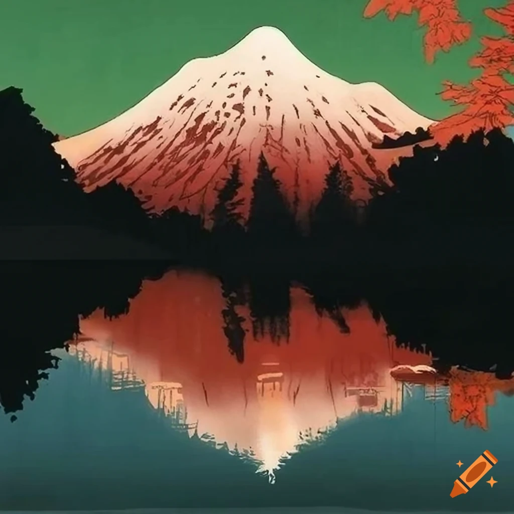 Hasui Kawase inspired artwork of a mountain lake in autumn