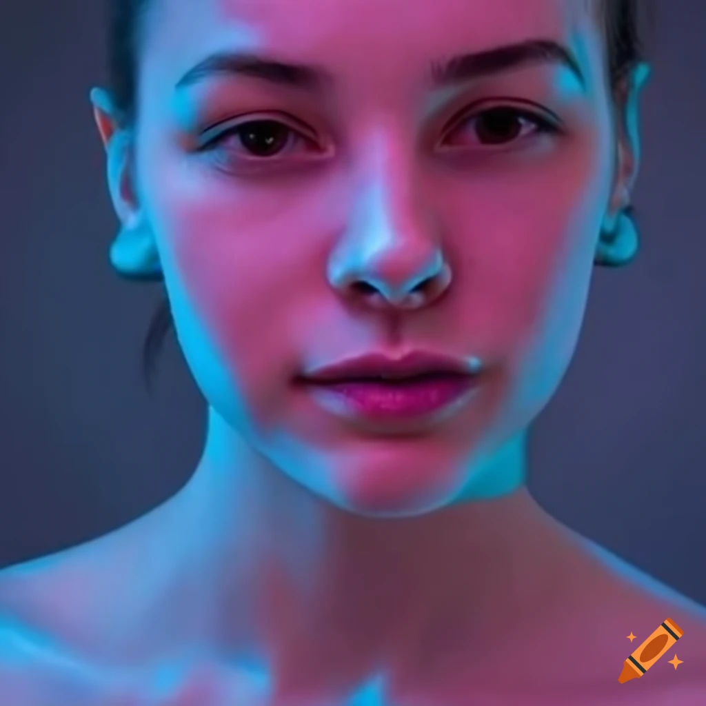 hyperrealistic portrait of a young woman with neon lighting