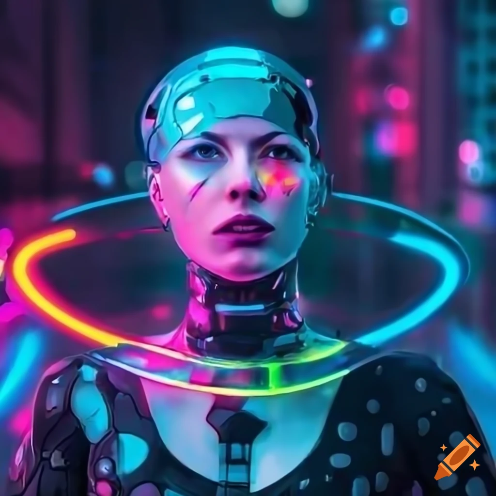 neon art of a cyborg woman in a futuristic city