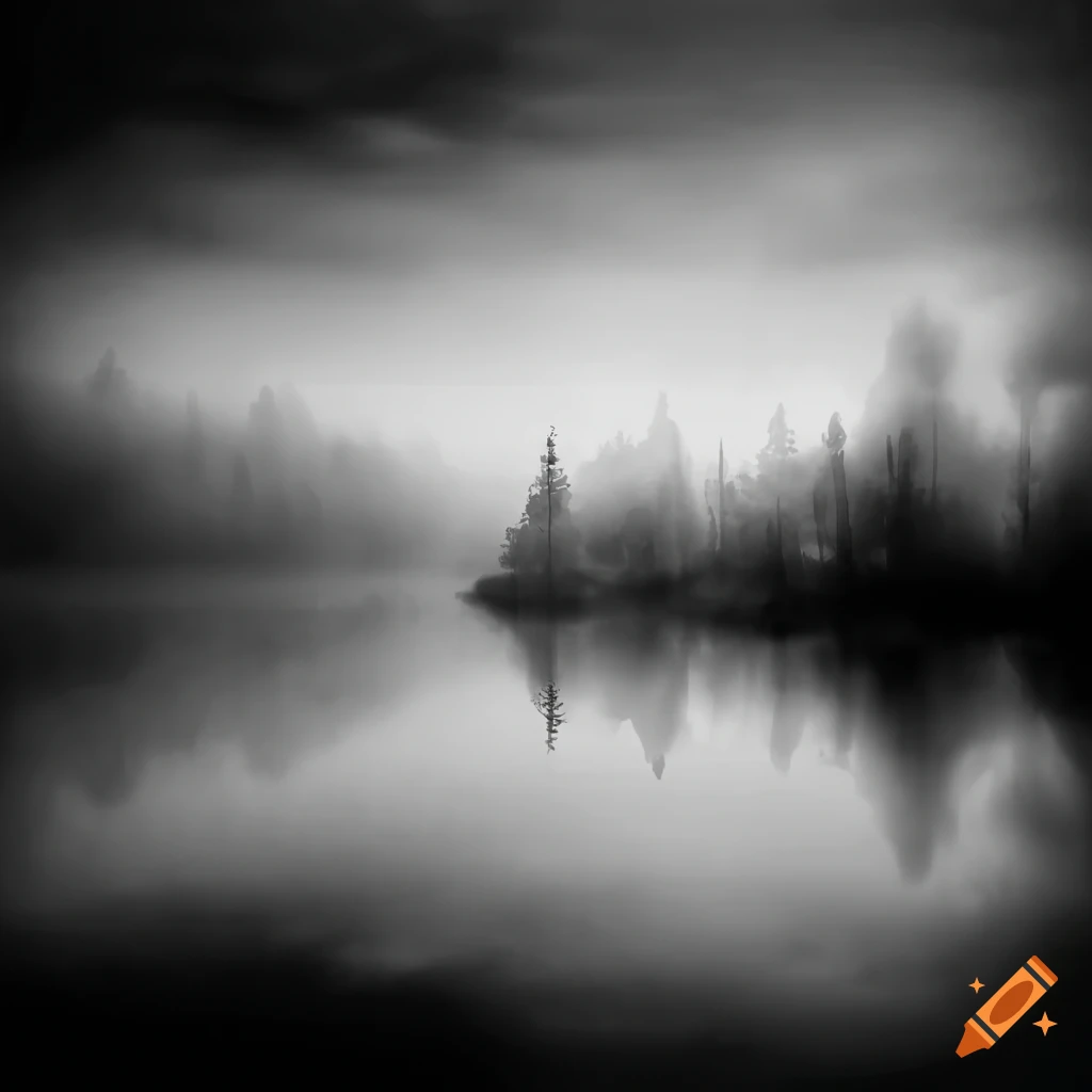 black and white watercolor of a foggy lake