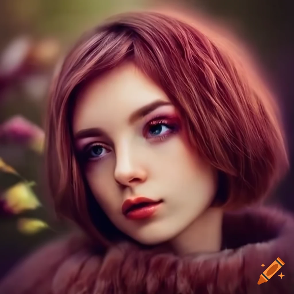 detailed portrait of a young woman with bob styled hair and fur coat in nature