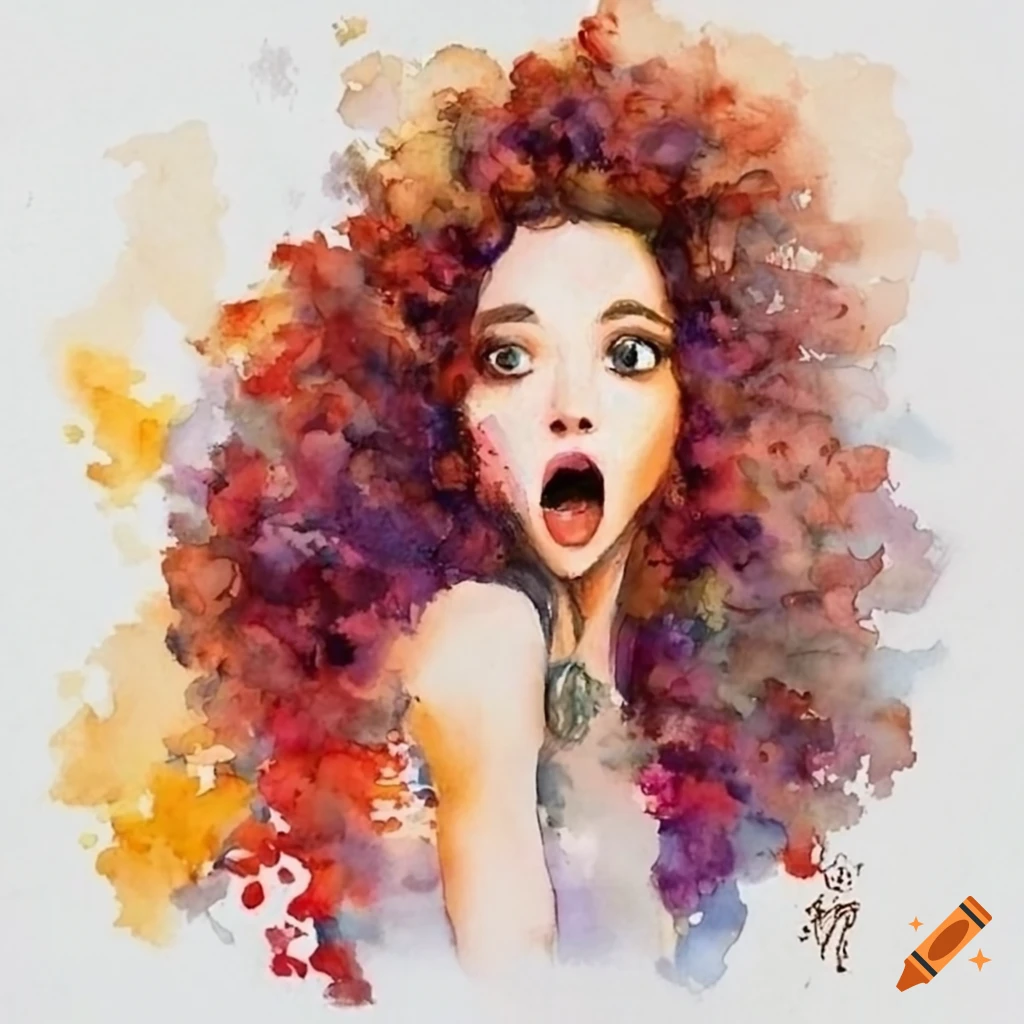 watercolor painting of surprised woman with curly hair