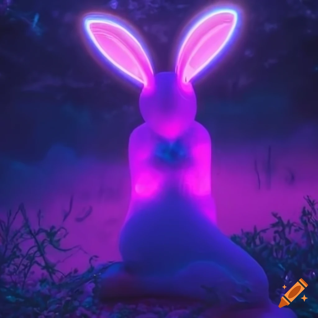 surreal bunny statue in a misty forest