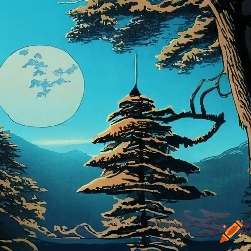 Ukiyo-e painting of a symmetrical pine tree