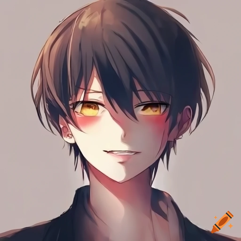 smiling anime boy with dark hair and golden eyes