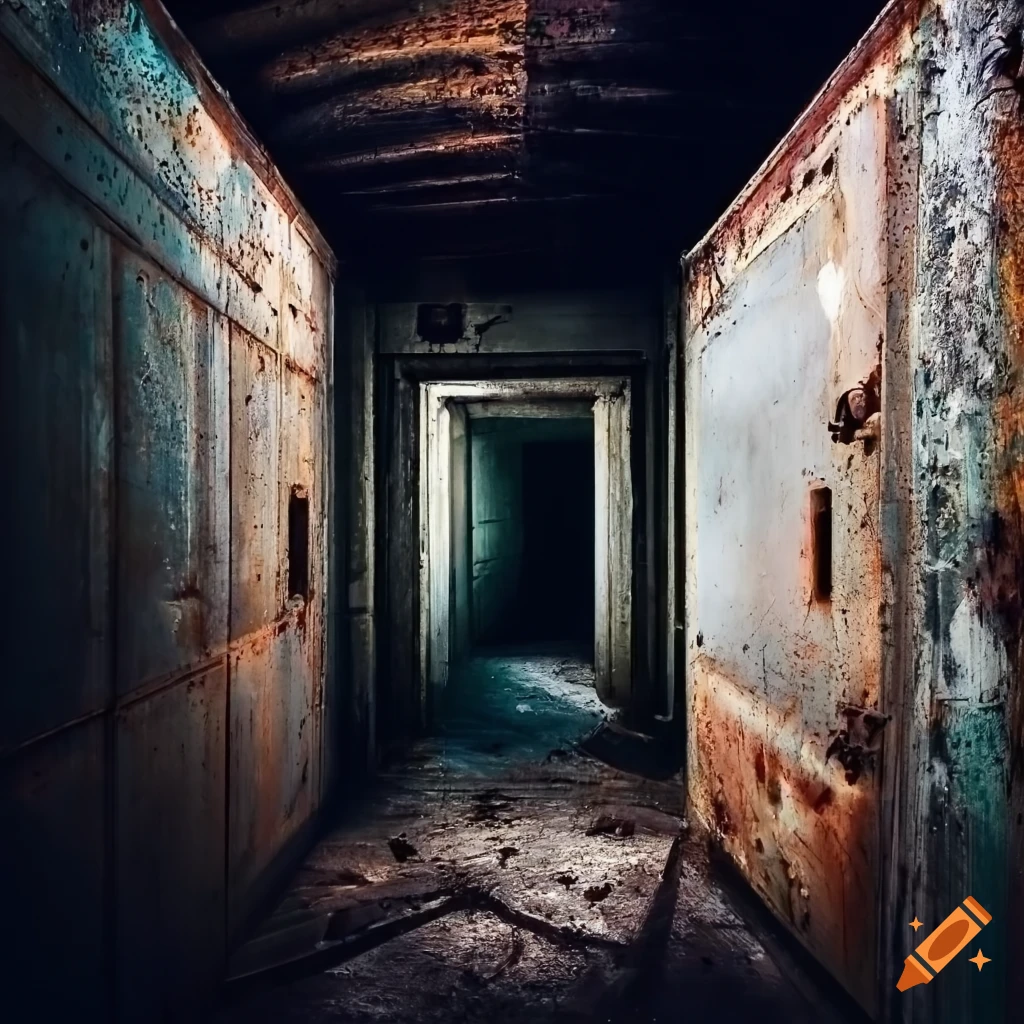 photograph of a dark abandoned bunker with rusted metal doors