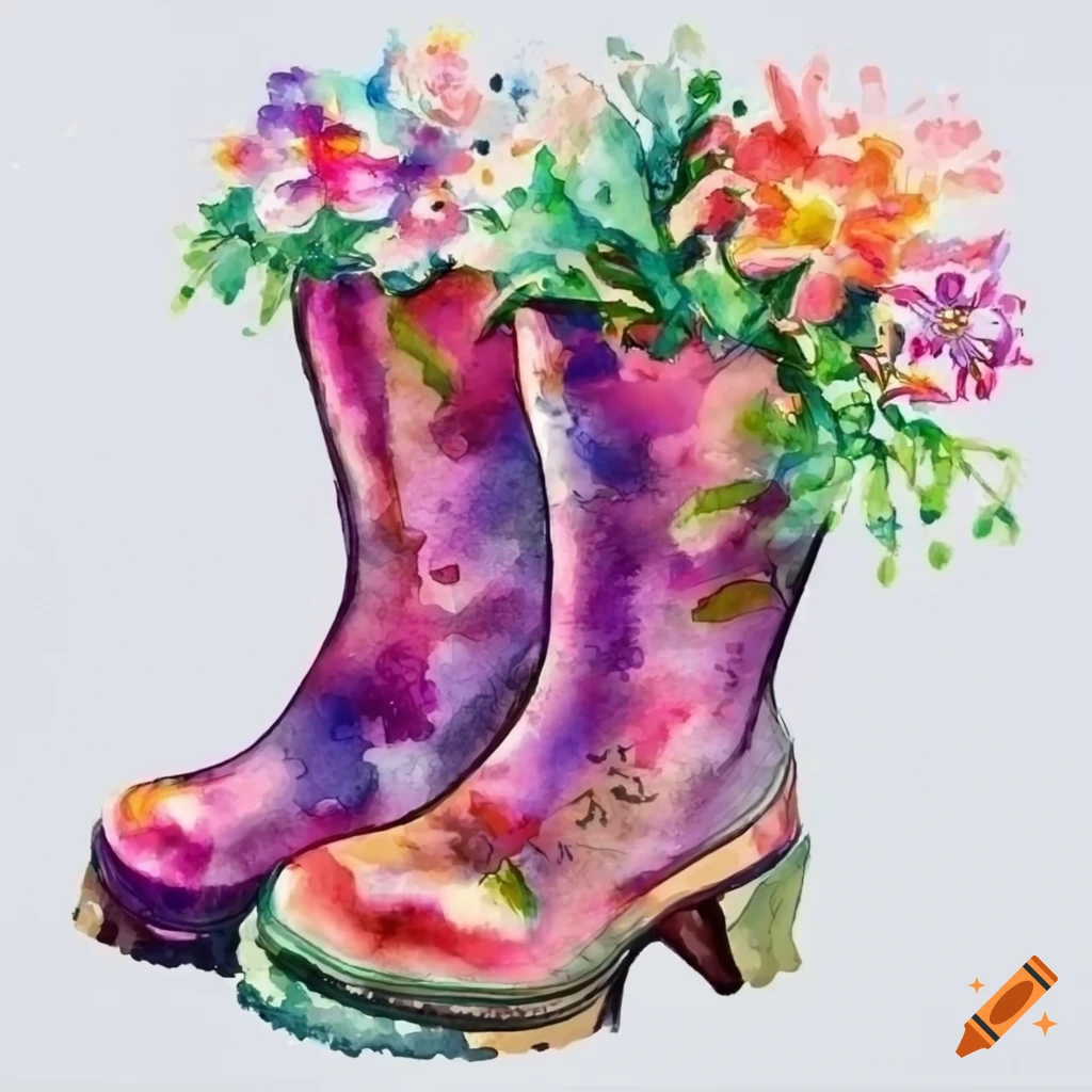 watercolor boots with colorful flowers