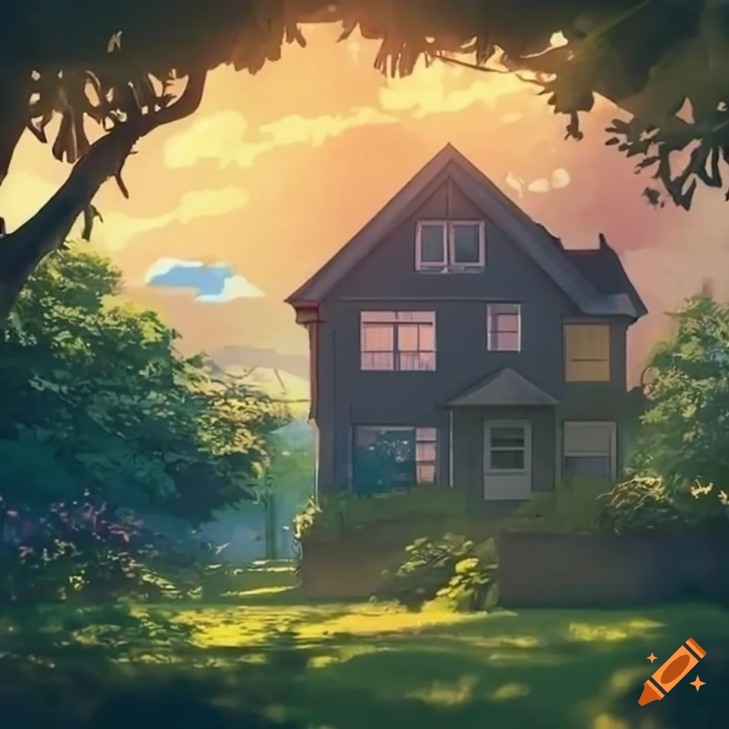 sun setting over an overgrown garden in an anime-style suburb