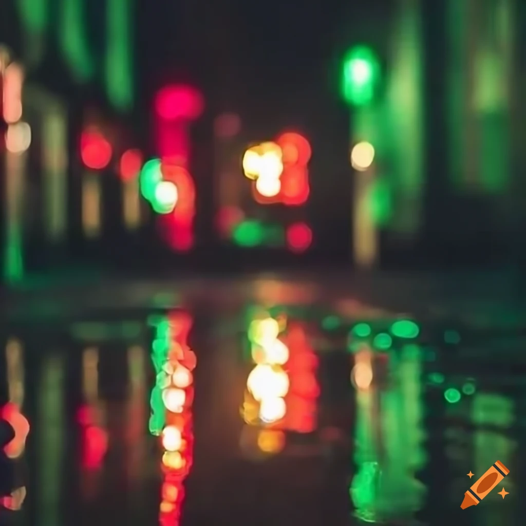 green neon lights reflecting on wet pavement