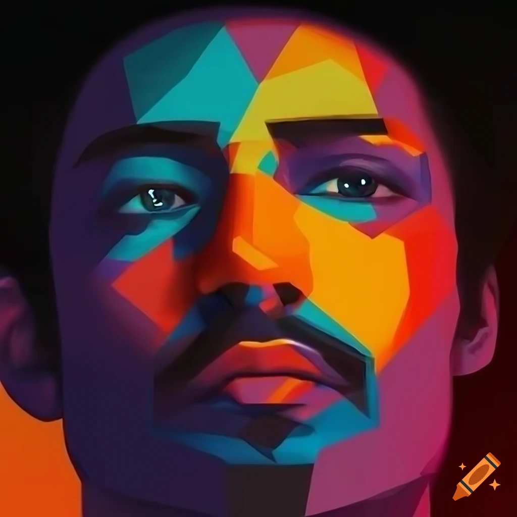 hyper-realistic artwork of a close-up portrait with colorful geometric shapes