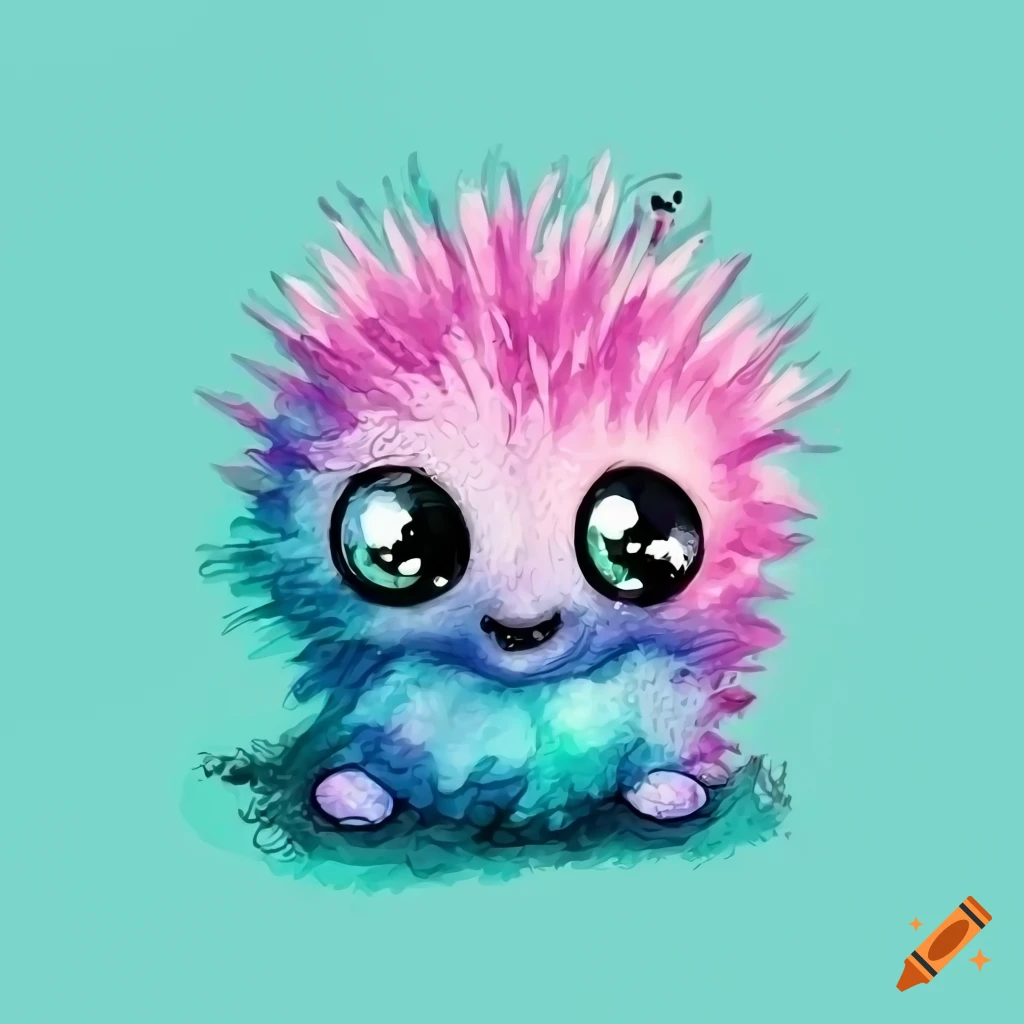 watercolor illustration of a cute fluffy baby monster