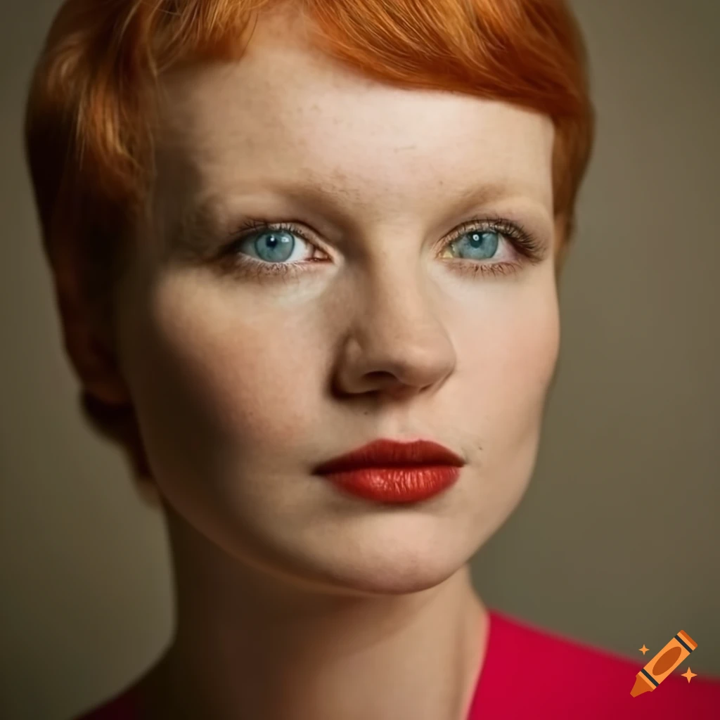 portrait of a woman with short ginger hair and green eyes
