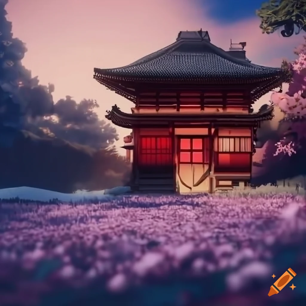 realistic cherry blossoms around a traditional Japanese house