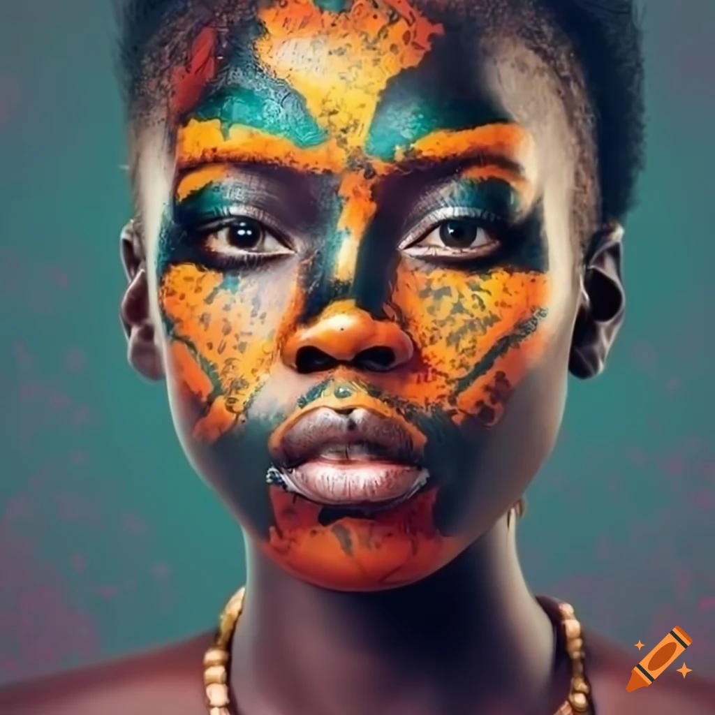 african woman warrior with face painting and floral background
