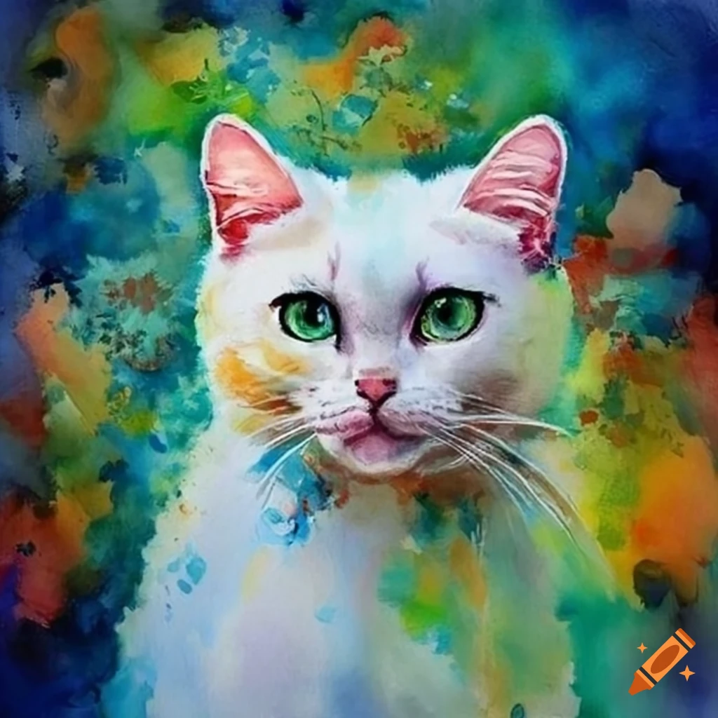 floral watercolor with a graceful white cat