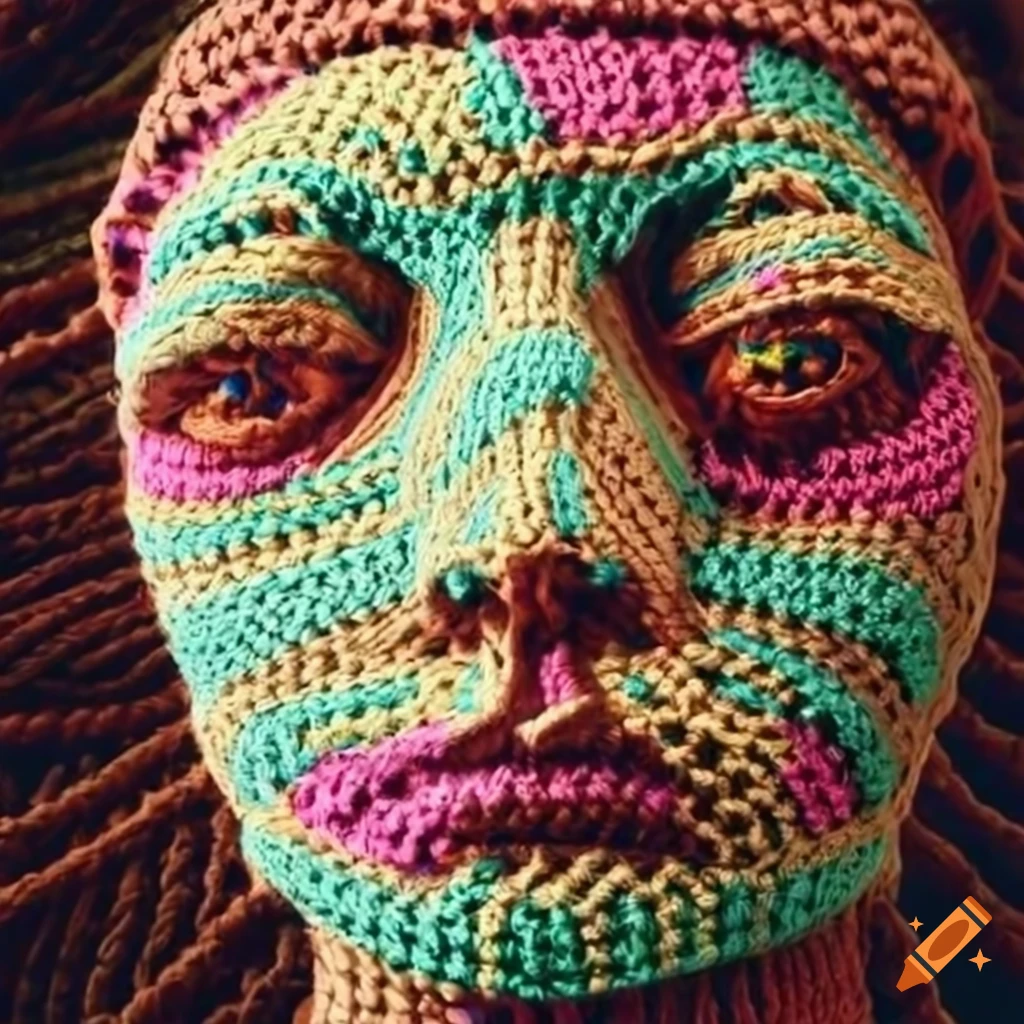 "Retrato tejido" crochet sculpture of a person's head and torso